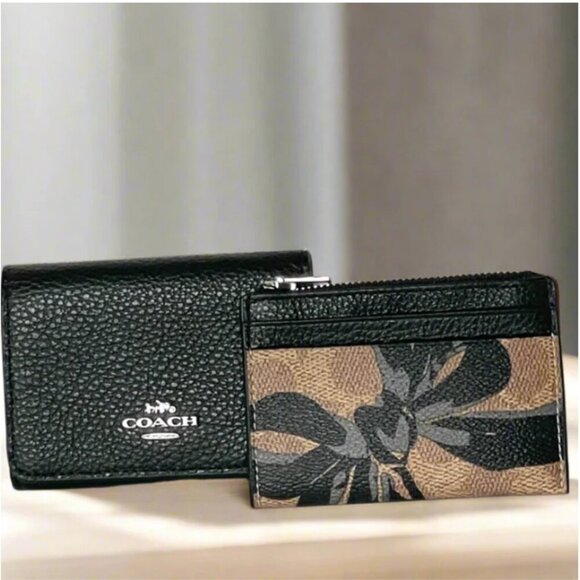 Coach Card Holder Mini Wallet Bow Print Black Signature Canvas CZ447 Double Zip - Picture 1 of 8